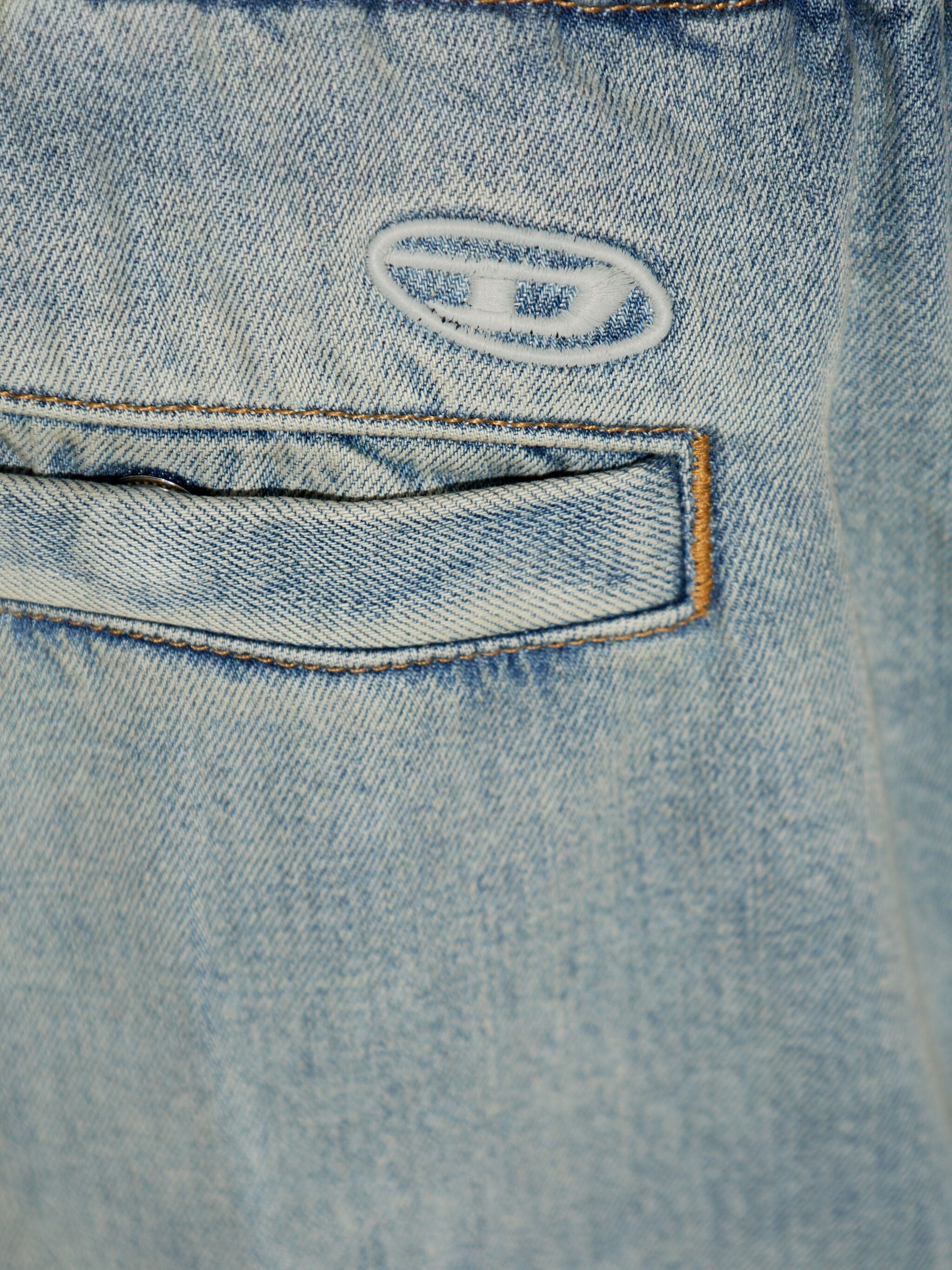 Close up of blue pants, showing texture of the cotton fabric