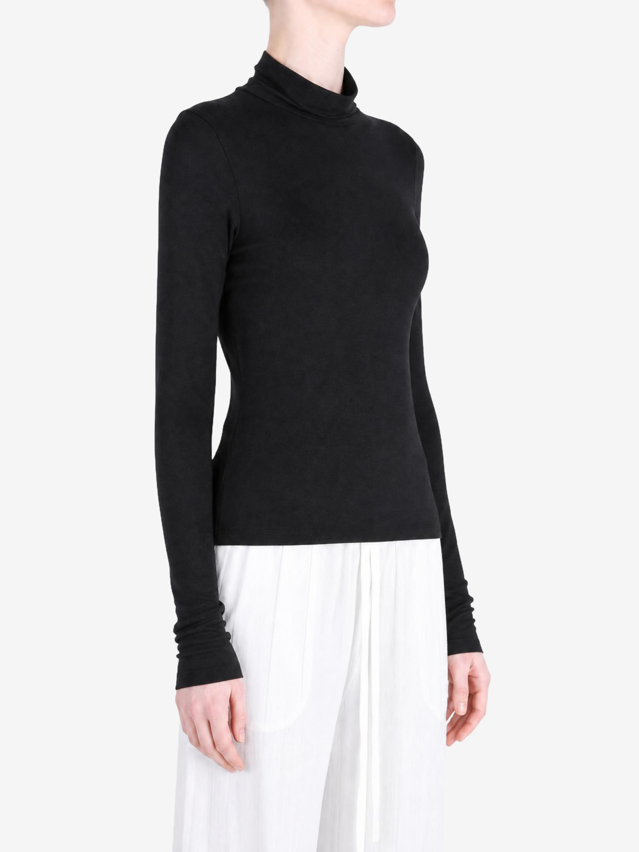 Black t-shirt worn by a person, showing the t-shirt fit