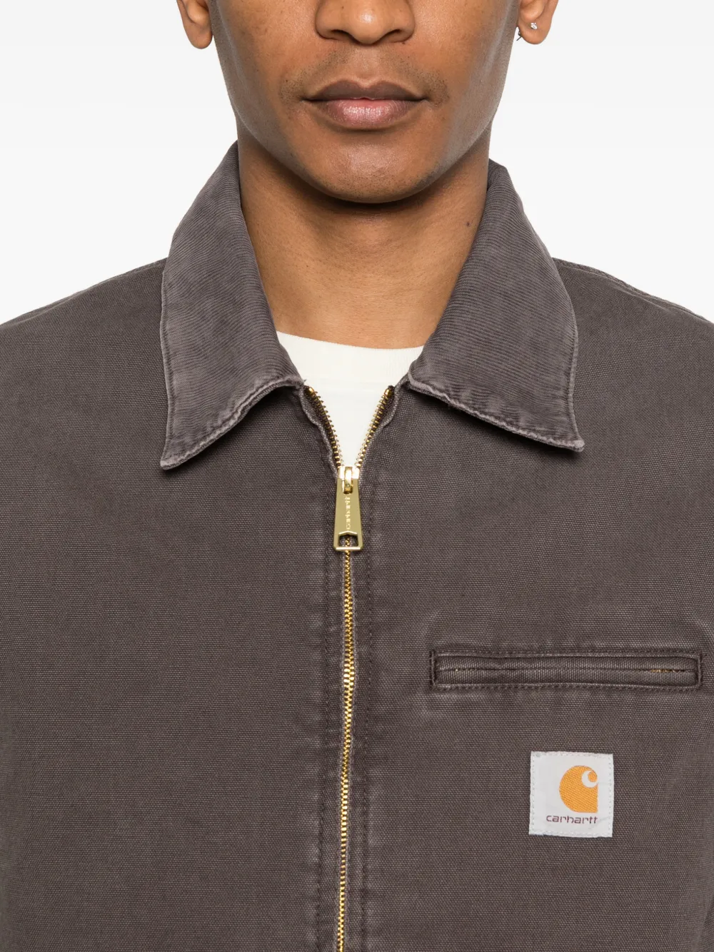 Close up of Brown jacket, showing texture of the cotton fabric