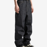 Navy pants, full body view