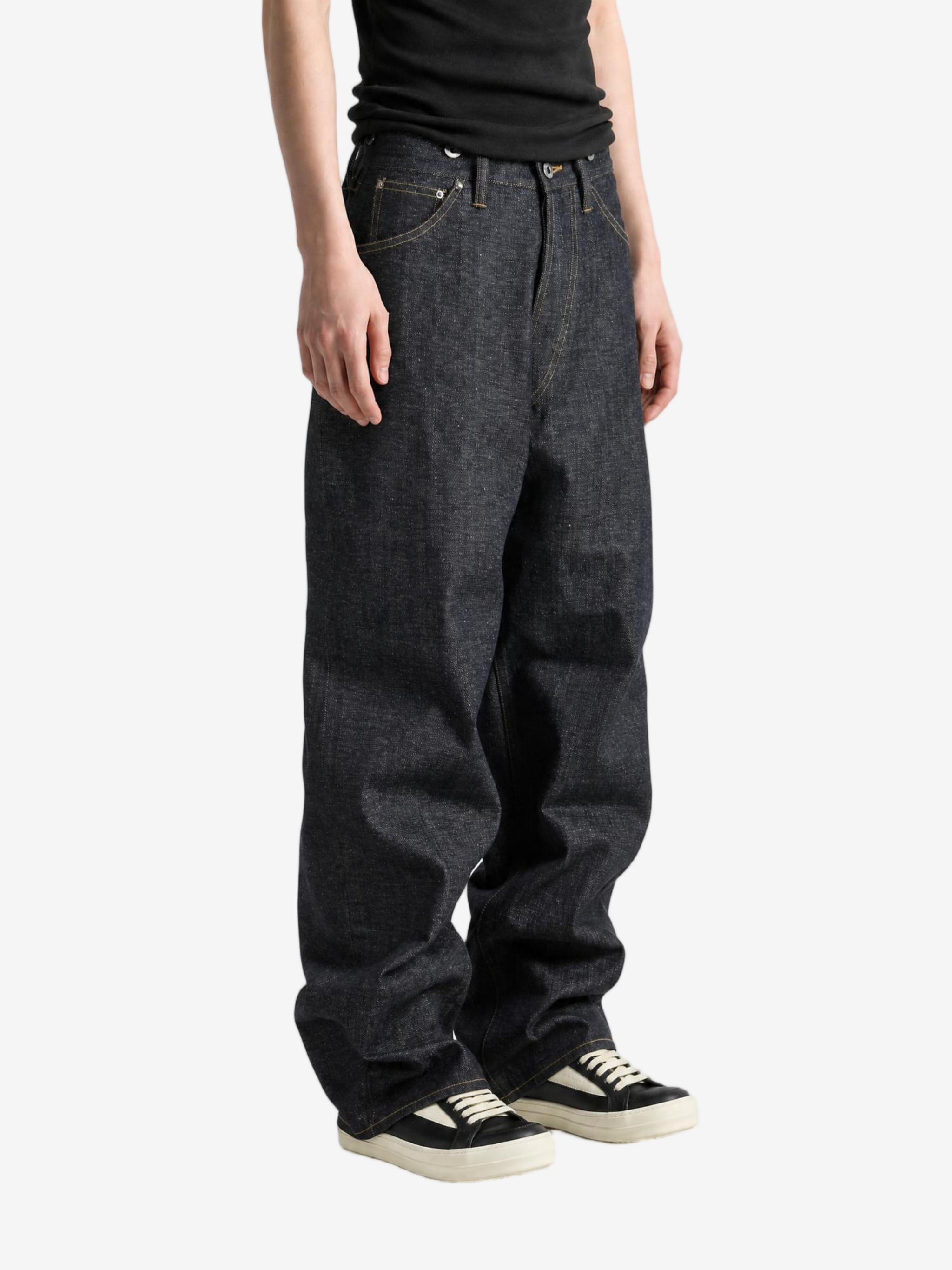 Navy pants, full body view