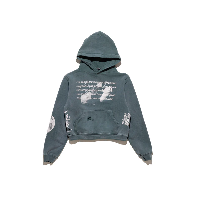 green hoodie, front view