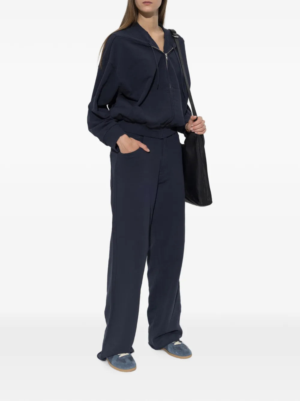 Navy jacket, full body view