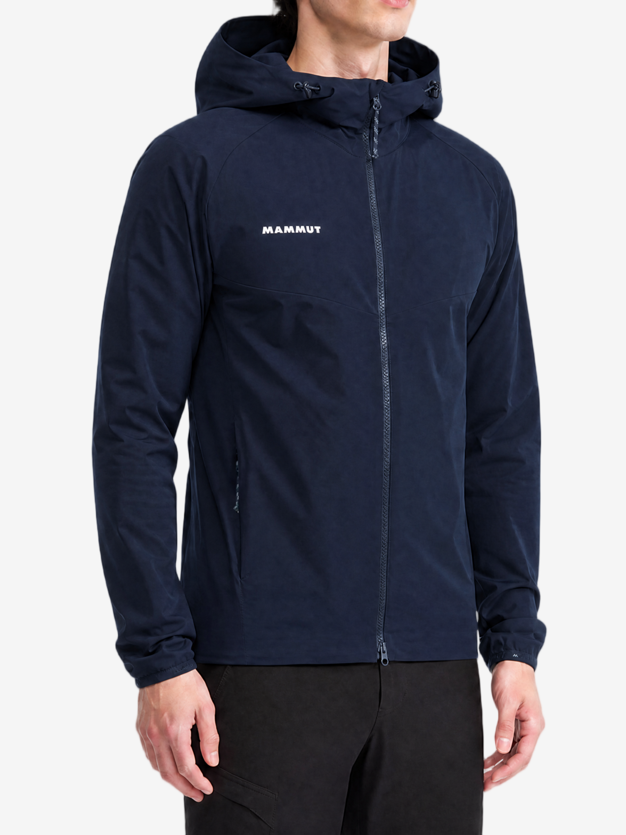 Navy jacket, full body view