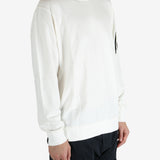 White crewneck worn by a person, showing the crewneck fit
