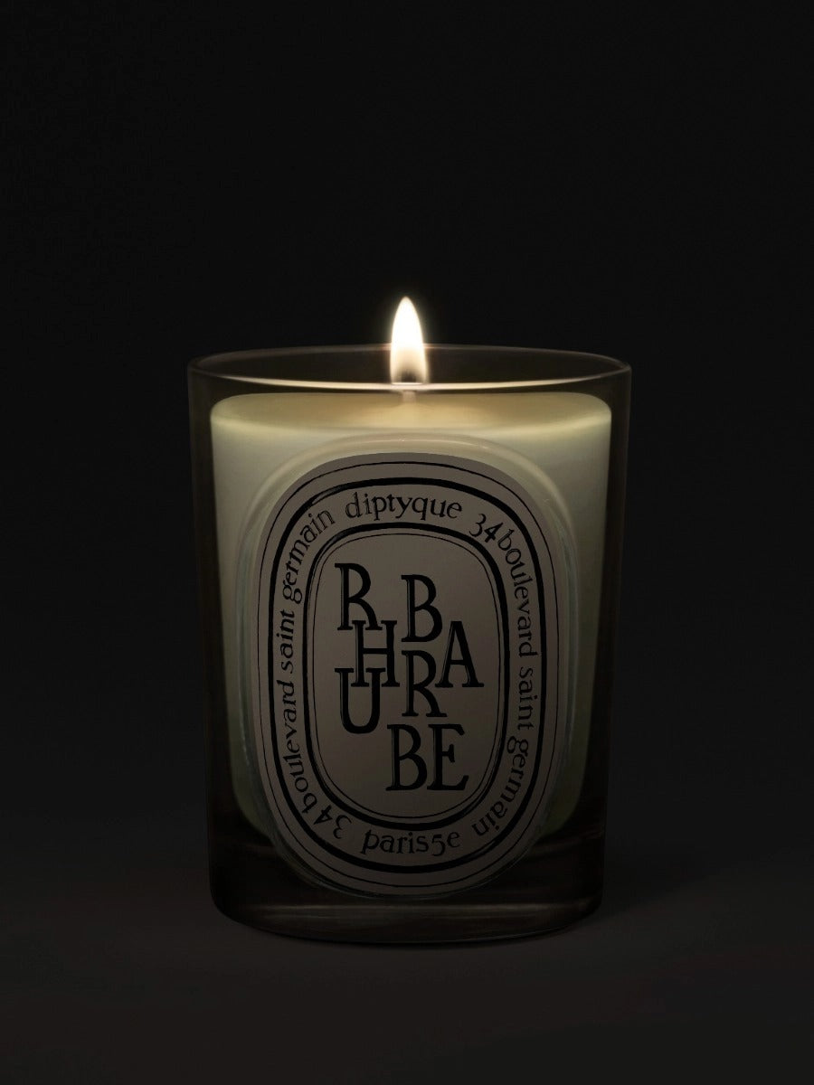Close up of rhubarbe candles, showing texture of the fabric