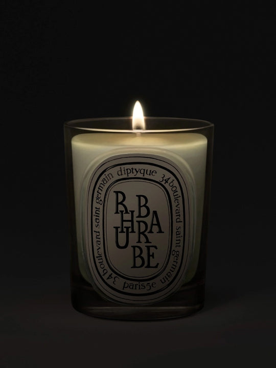 Close up of rhubarbe candles, showing texture of the fabric