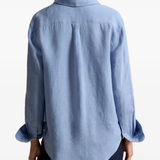 Blue shirt worn by a person, showing the shirt fit