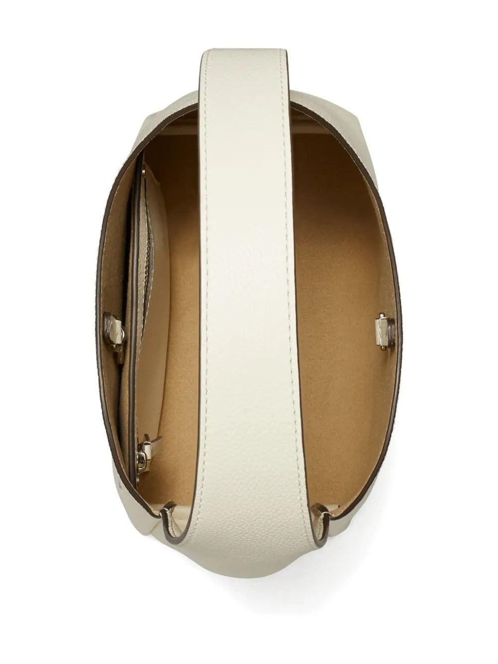 Close up of the white bag, showing texture of the leather fabric