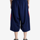 Navy pants, full body view