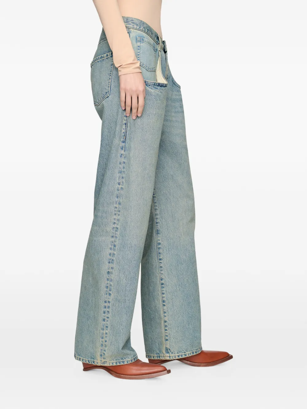 Blue jeans worn by a person, showing the jeans fit