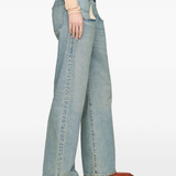 Blue jeans worn by a person, showing the jeans fit