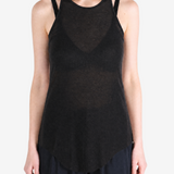 Black top worn by a person, showing the top fit