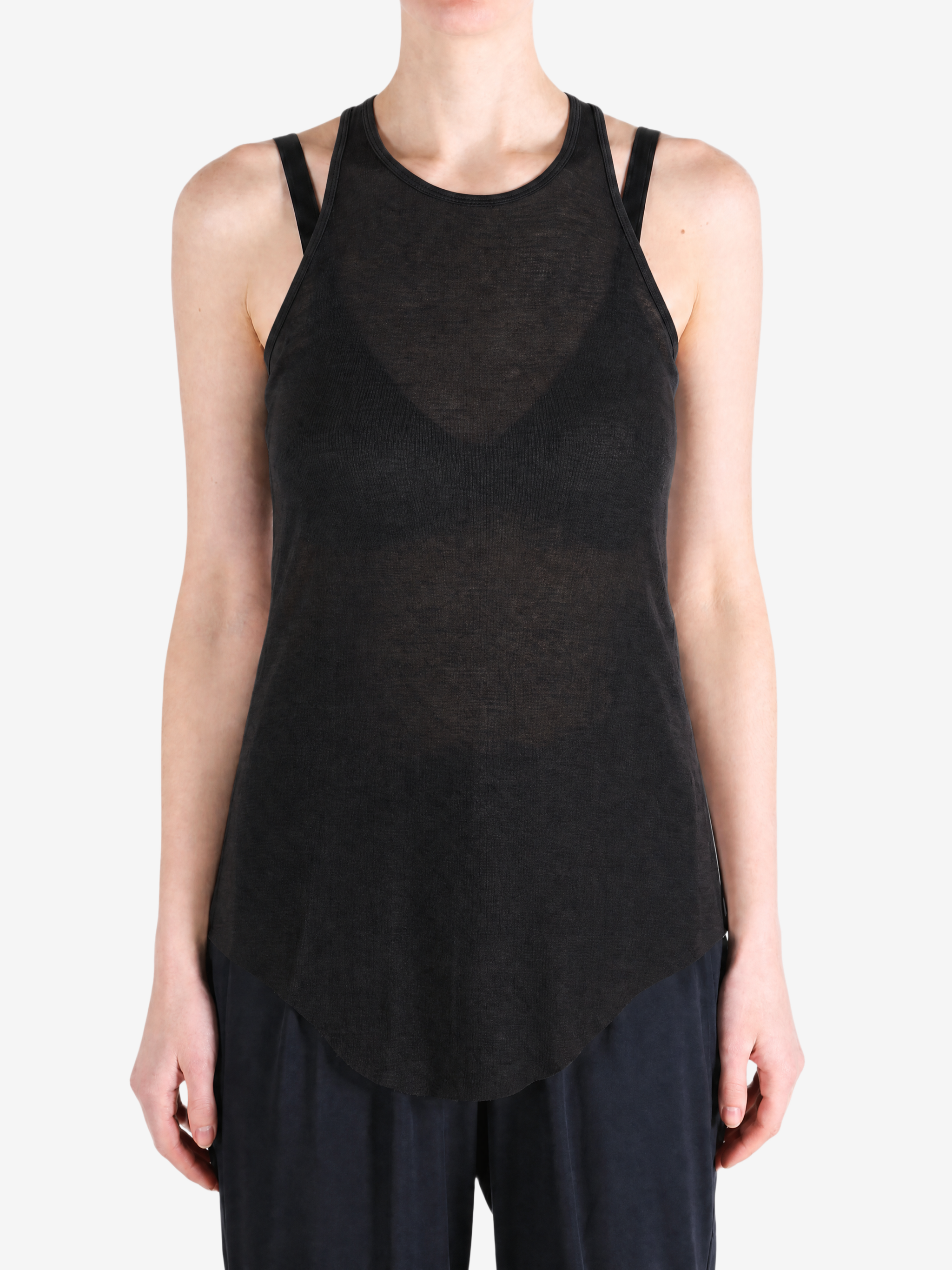 Black top worn by a person, showing the top fit
