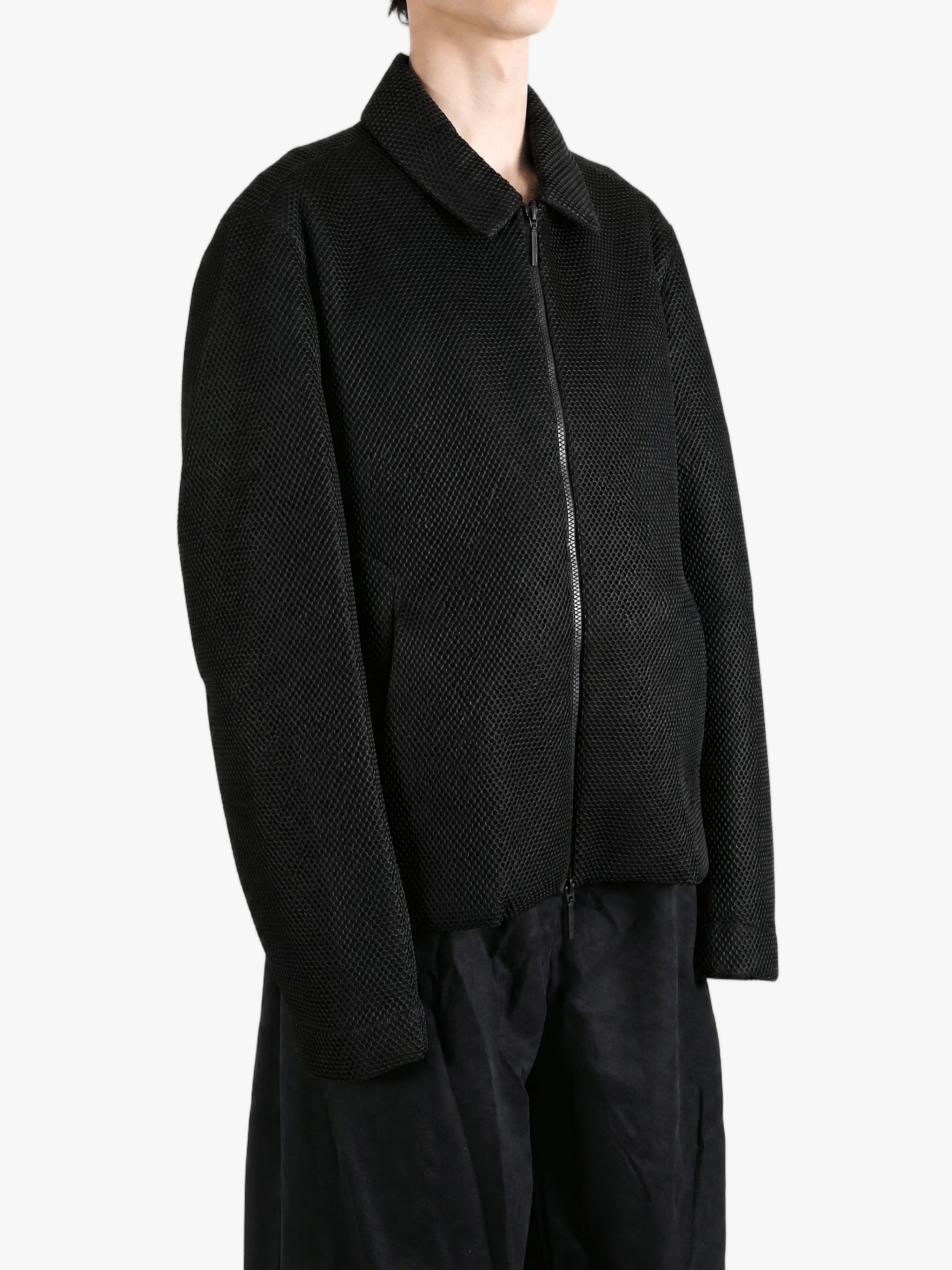 Black jacket worn by a person, showing the jacket fit