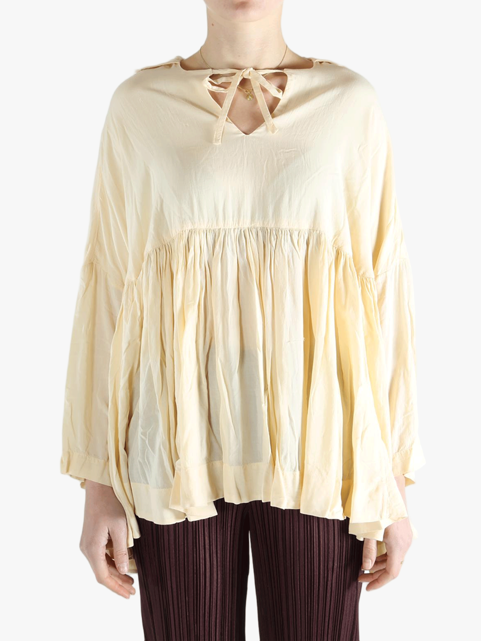 Yellow tops worn by a person, showing the top fit