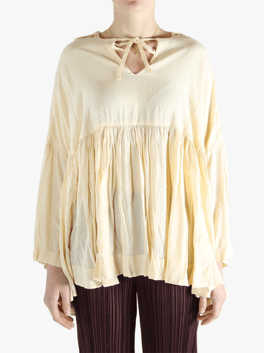 Yellow tops worn by a person, showing the top fit