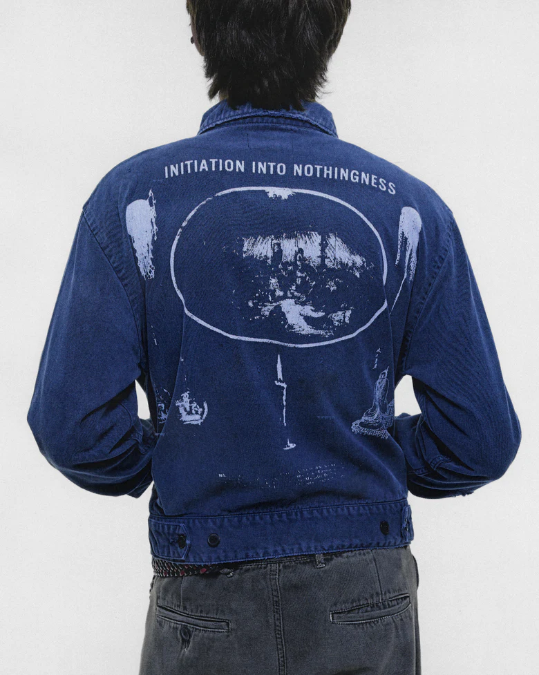 Navy jacket, full body view