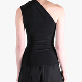 Black top worn by a person, showing the top's fit