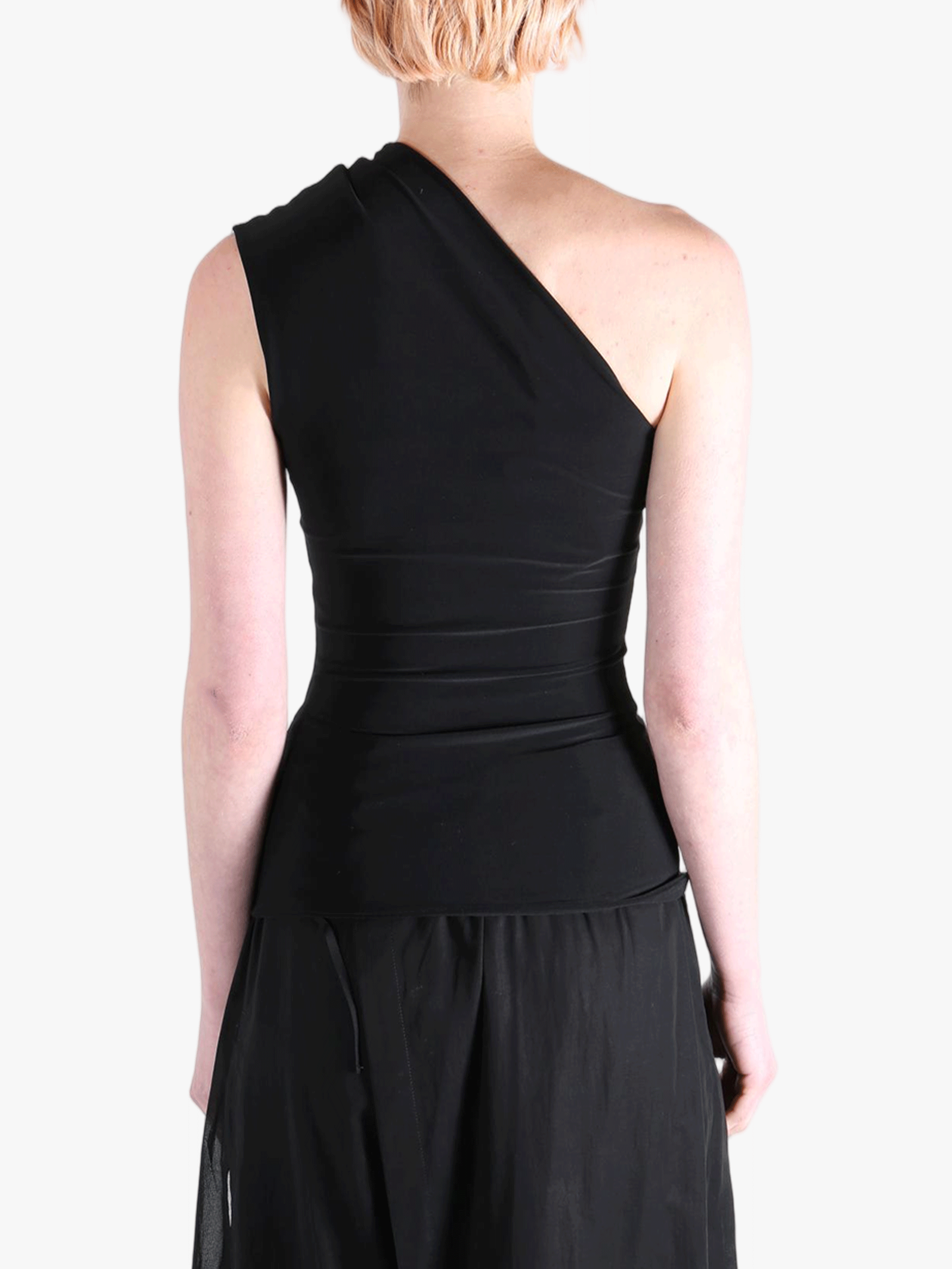 Black top worn by a person, showing the top's fit