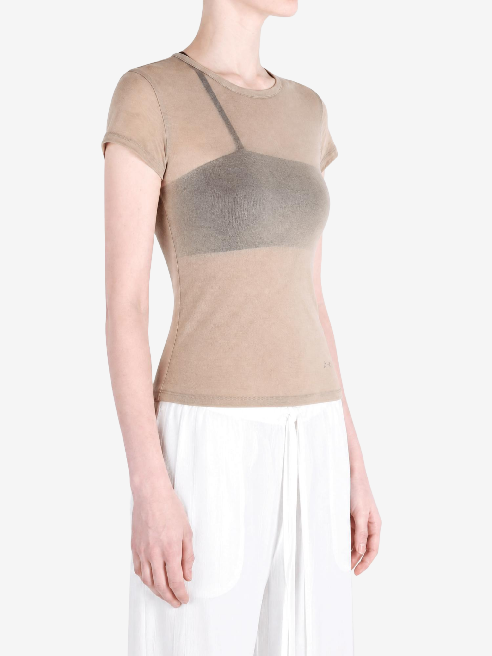 Tan t-shirt worn by a person, showing the t-shirt fit
