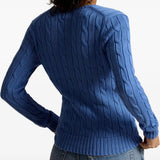 Blue knitwear worn by a person, showing the knitwear fit