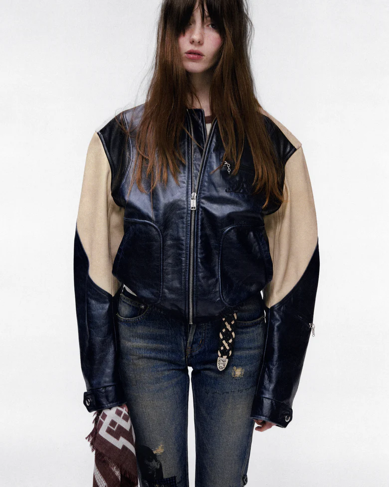 Navy jacket, full body view