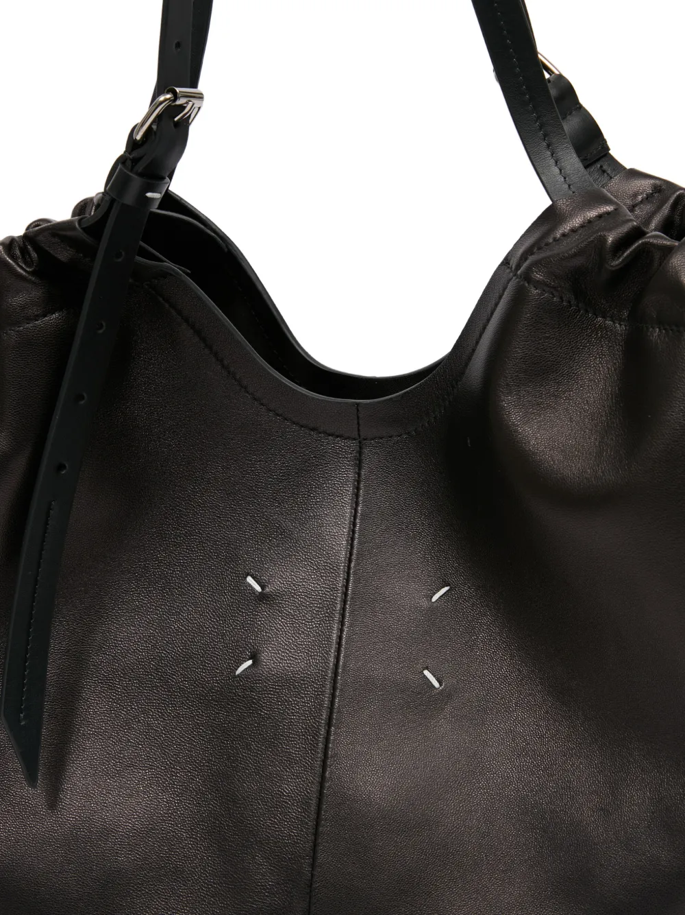 Close up of black bag,showing texture of the leather fabric