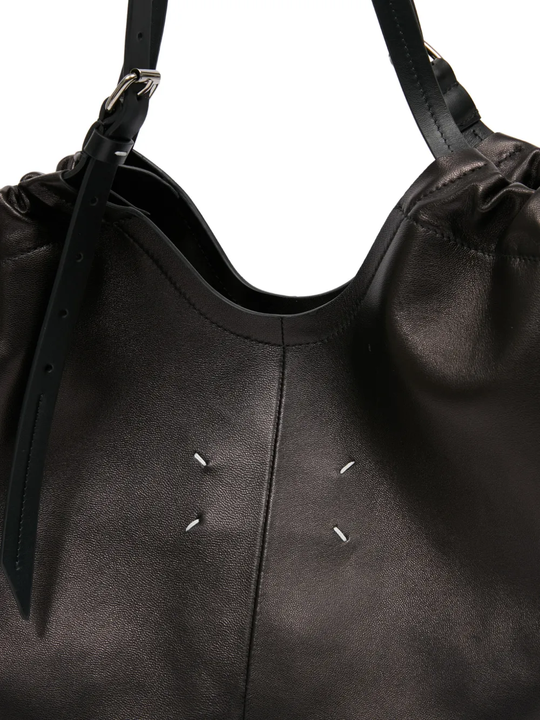 Close up of black bag,showing texture of the leather fabric