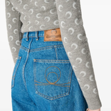 Close up of blue jeans, showing texture of the cotton fabric