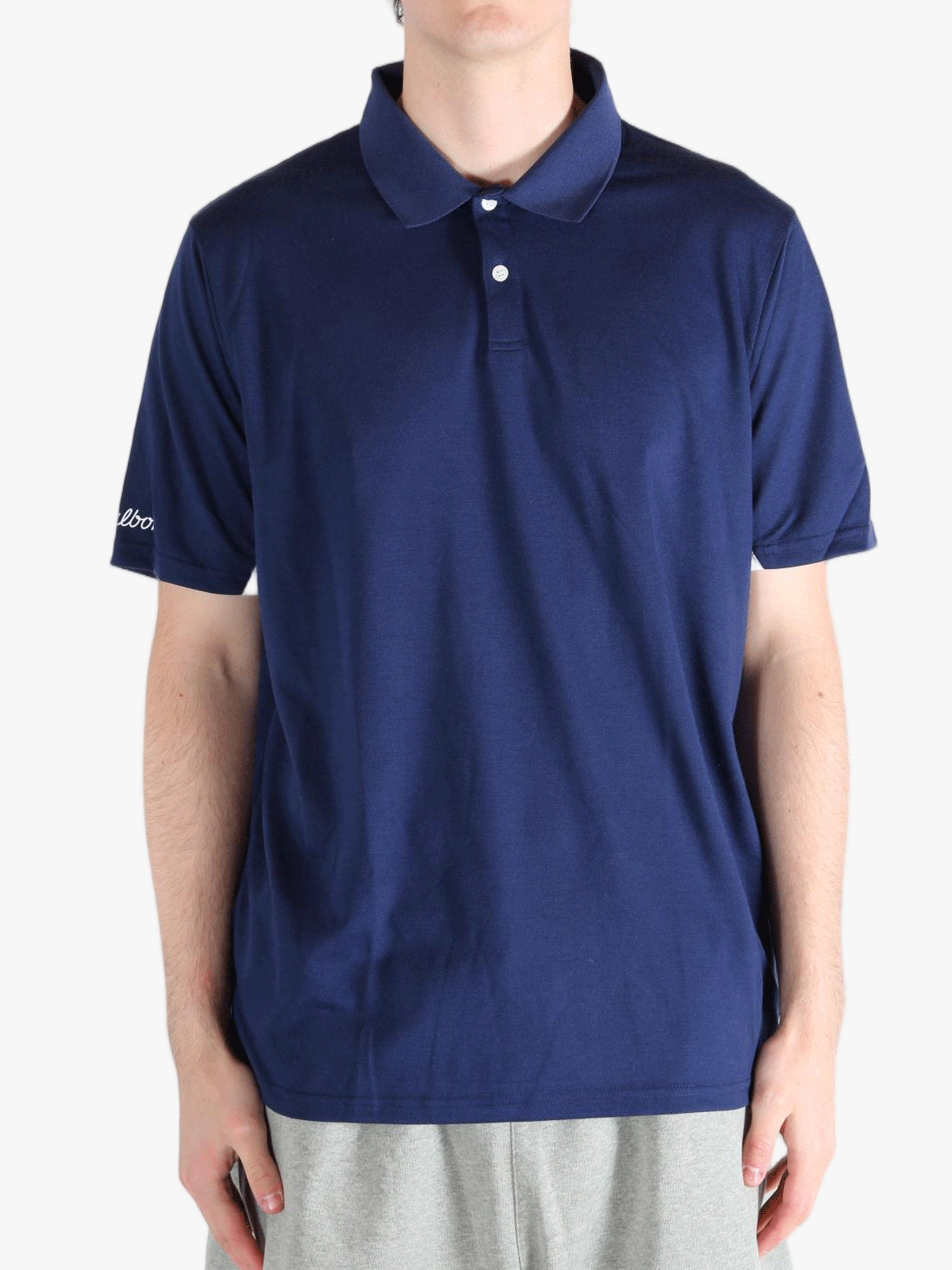 Navy T-shirt  worn by a person, showing the shirt's fit