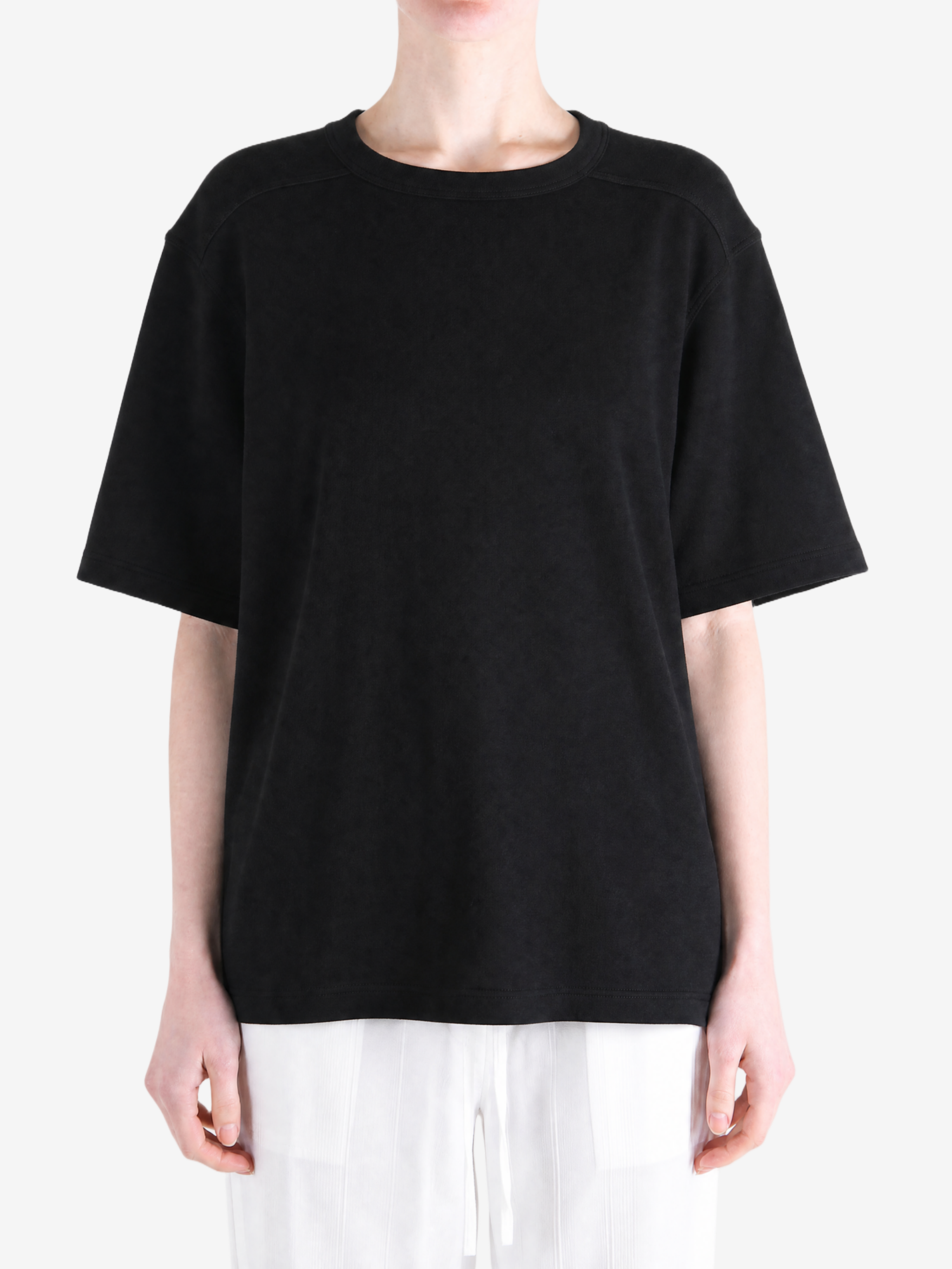 Black t-shirt, full body view