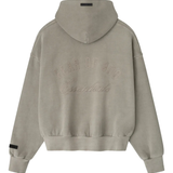 grey hoodie, back view