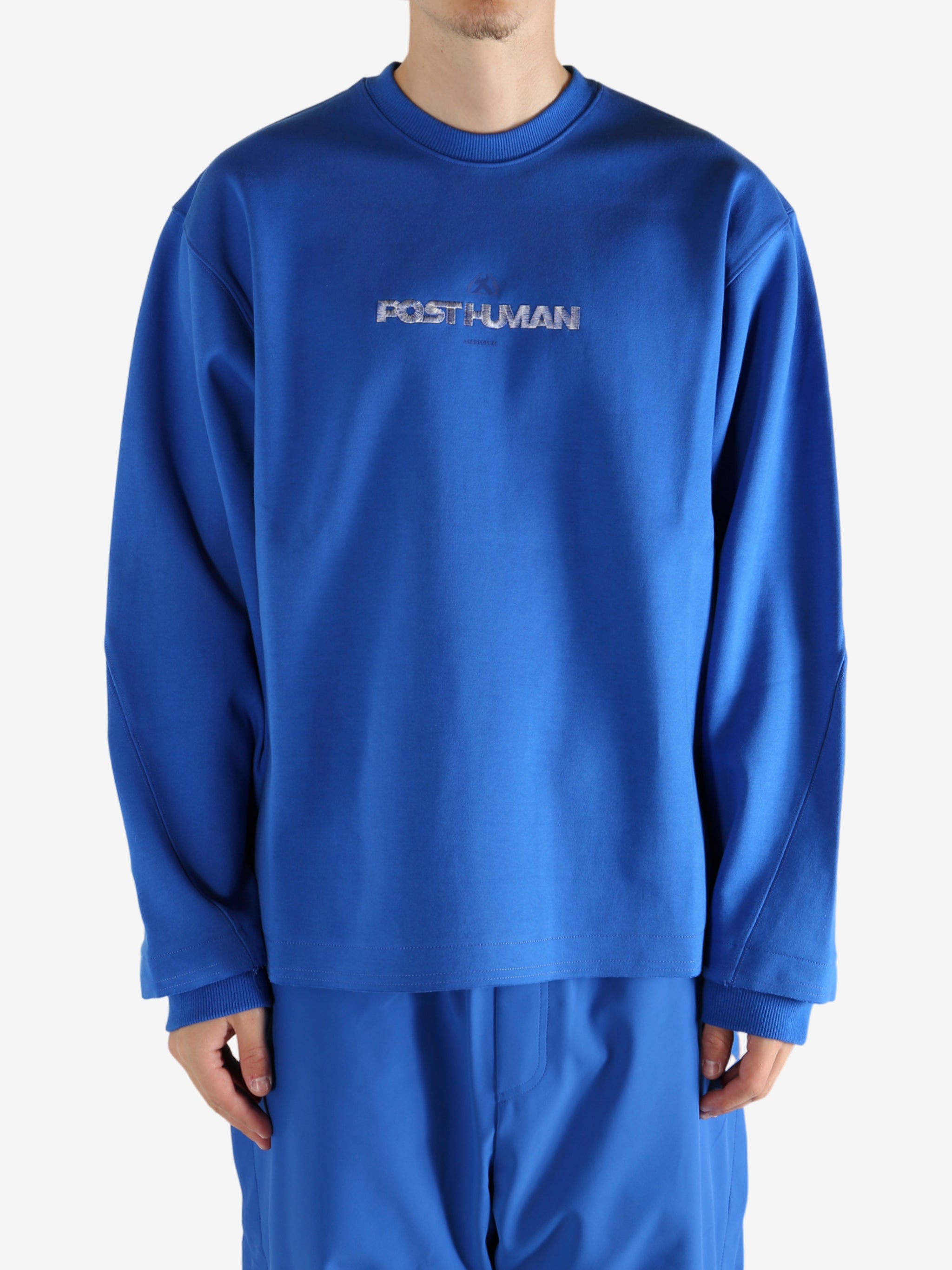 Blue sweatshirt worn by a person, showing the shirt's fit