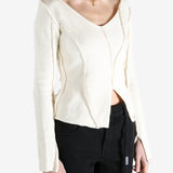 White sweater worn by a person, showing the sweater's fit