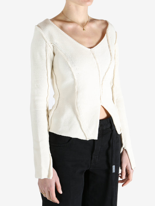 White sweater worn by a person, showing the sweater's fit