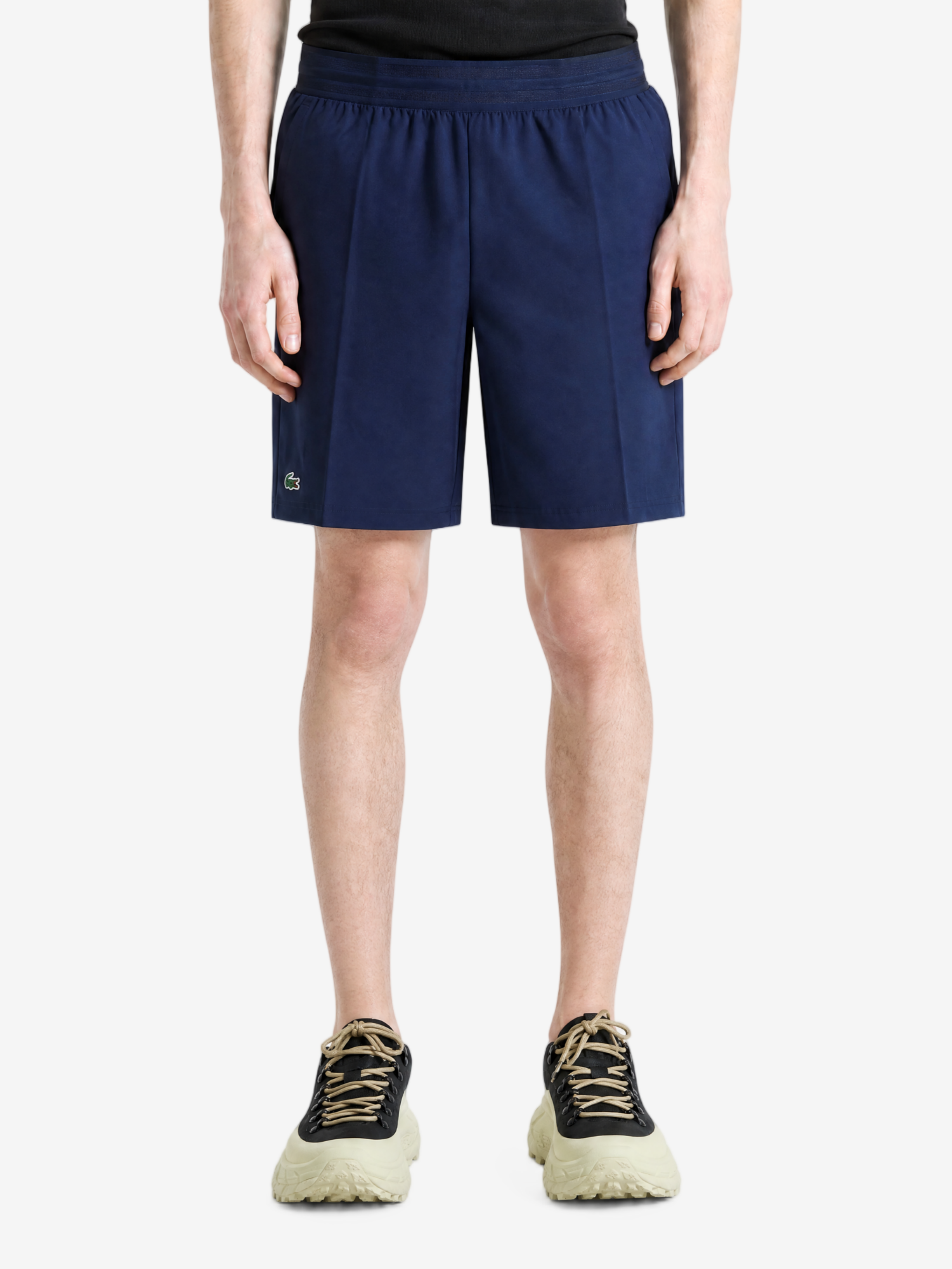 Navy shorts, full body view