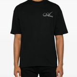  black t-shirt warn a person,showing the t-shirts fit