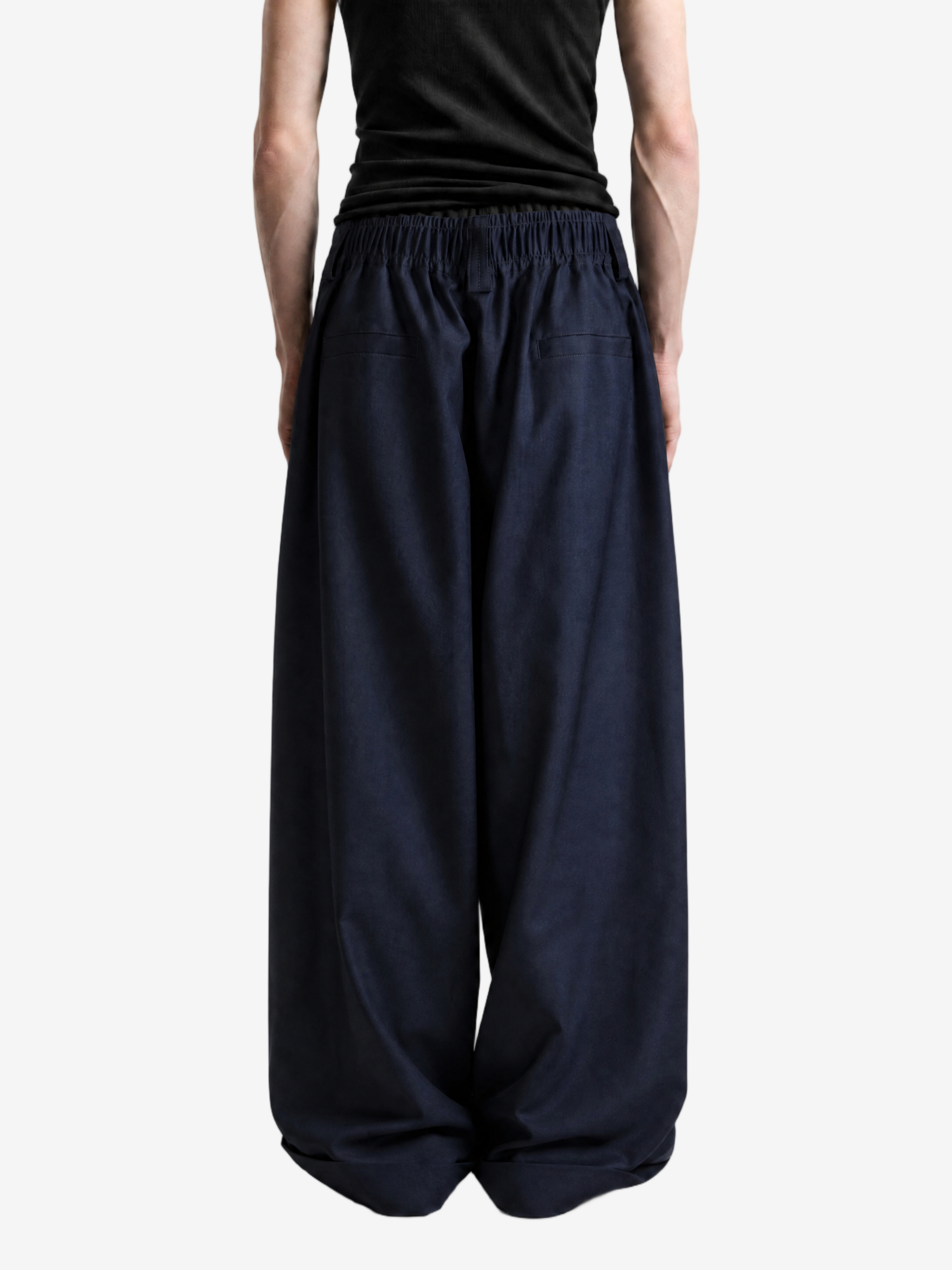 Navy pants, full body view