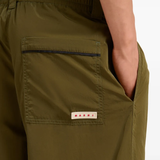 Close up of green pants, showing texture of the Polyamide fabric