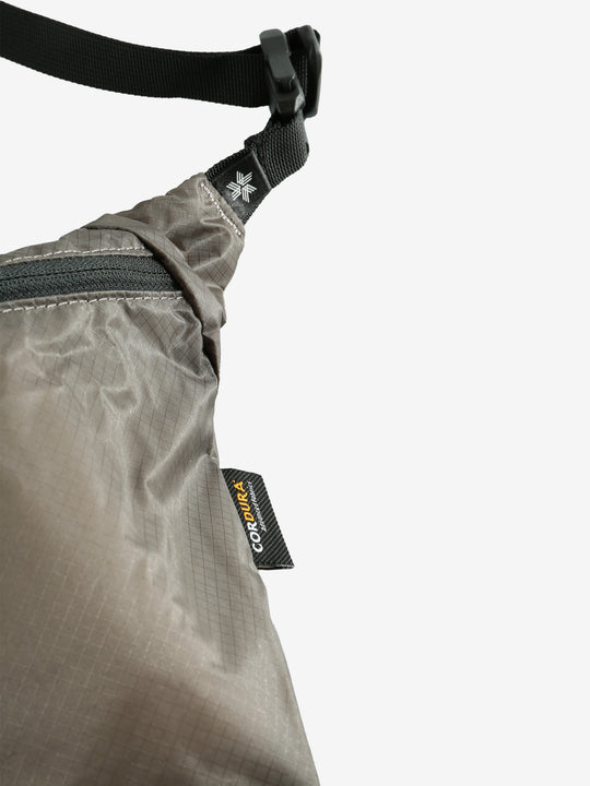 Close up of grey bags, showing texture of the nylon fabric