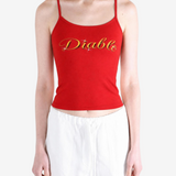 Red top worn by a person, showing the top fit
