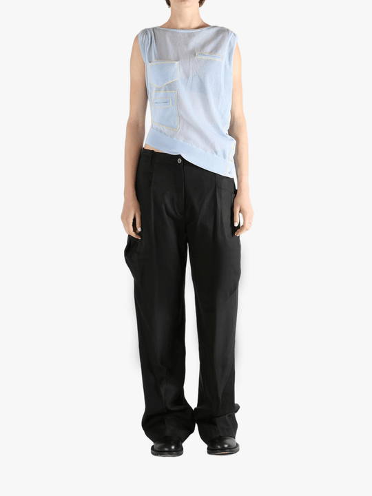 Blue vest, full body view.