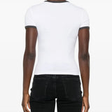 White t-shirt worn by a person, showing the shirt's fit