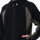 Close up of black jackets, showing texture of the polyester and elastane and nylon fabric