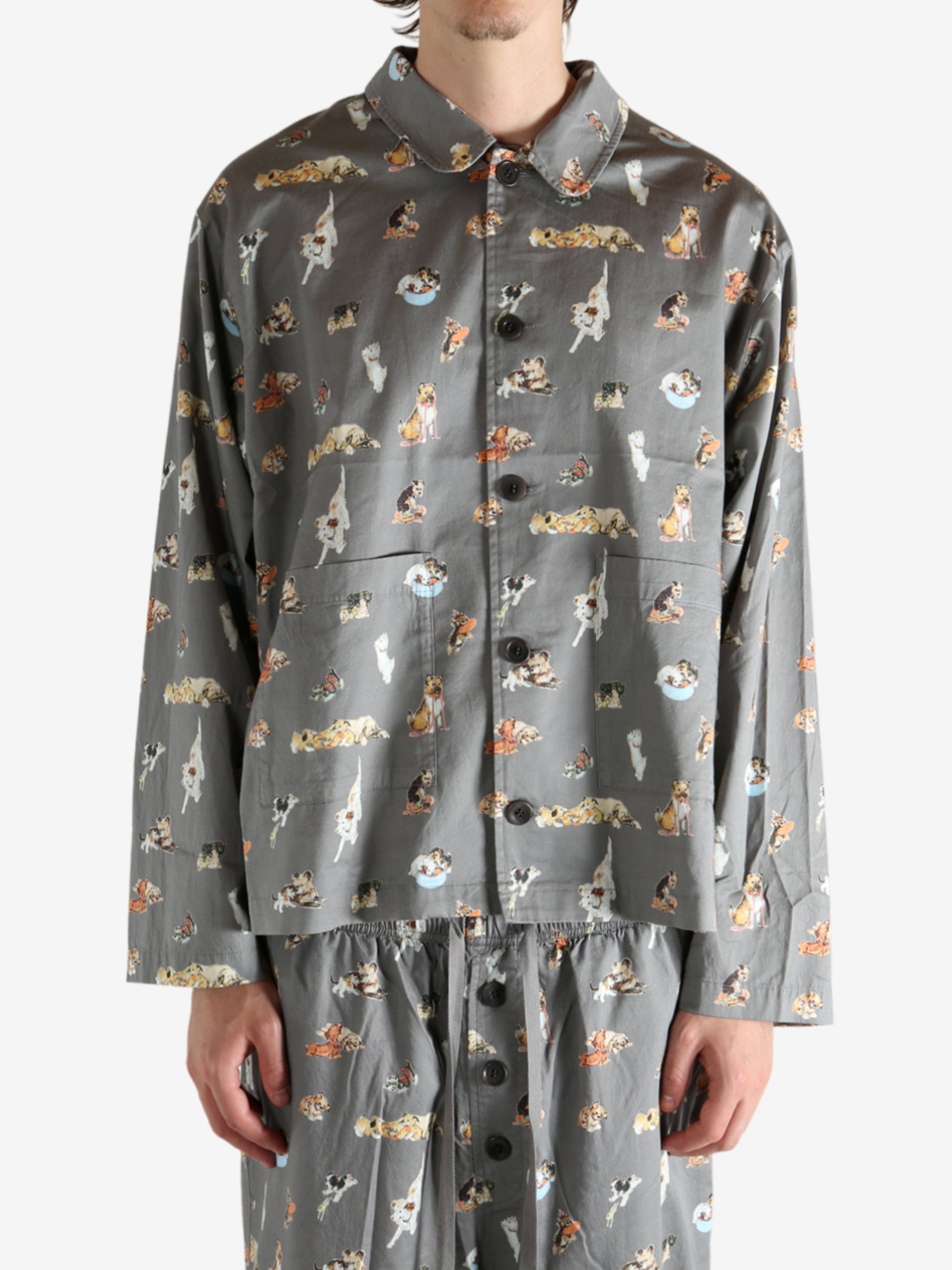 Grey pajama worn by a person, showing the pajama's fit