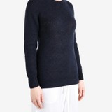 Navy knitwear worn by a person, showing the knitwear fit