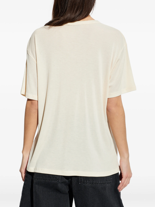 White t-shirts worn by a person, showing the t-shirts fit