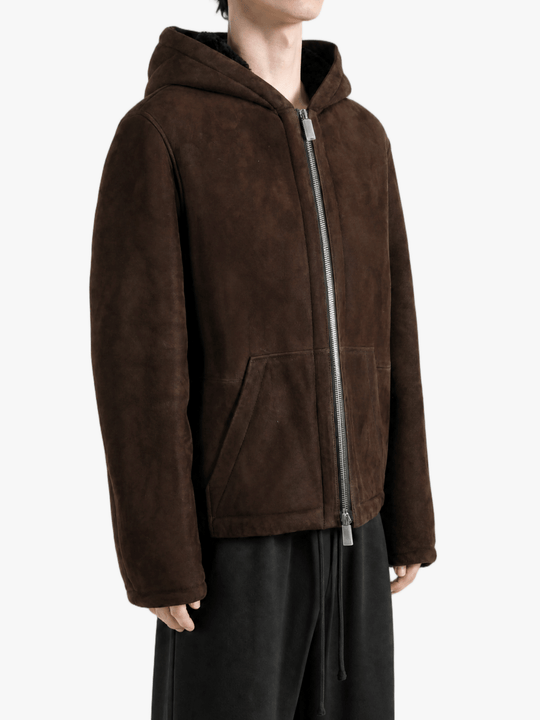 Brown jacket worn by a person, showing the jacket fit