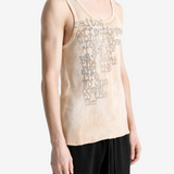 Tan t-shirt worn by a person, showing the t-shirt fit